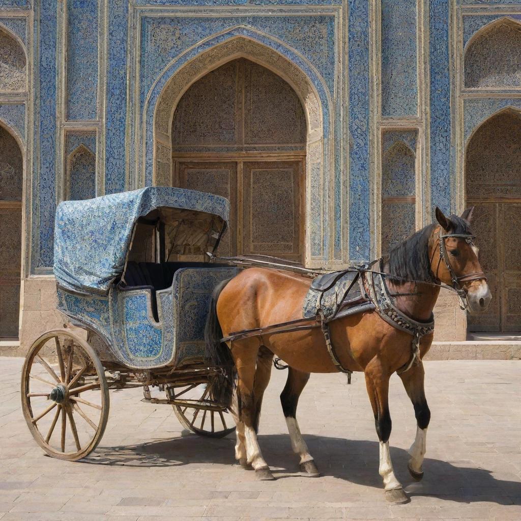 A detailed, vintage horse carriage adorned with intricate Safavid tile designs, situated in the historic setting of Esfehan, Iran.