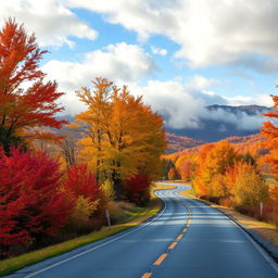 A picturesque country road in New Hampshire, winding through a breathtaking autumn landscape