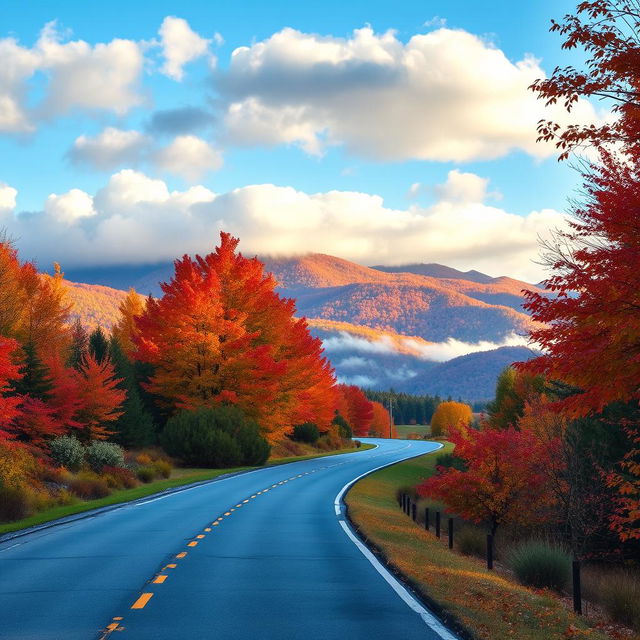 A picturesque country road in New Hampshire, winding through a breathtaking autumn landscape