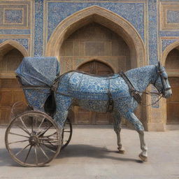 A detailed, vintage horse carriage adorned with intricate Safavid tile designs, situated in the historic setting of Esfehan, Iran.