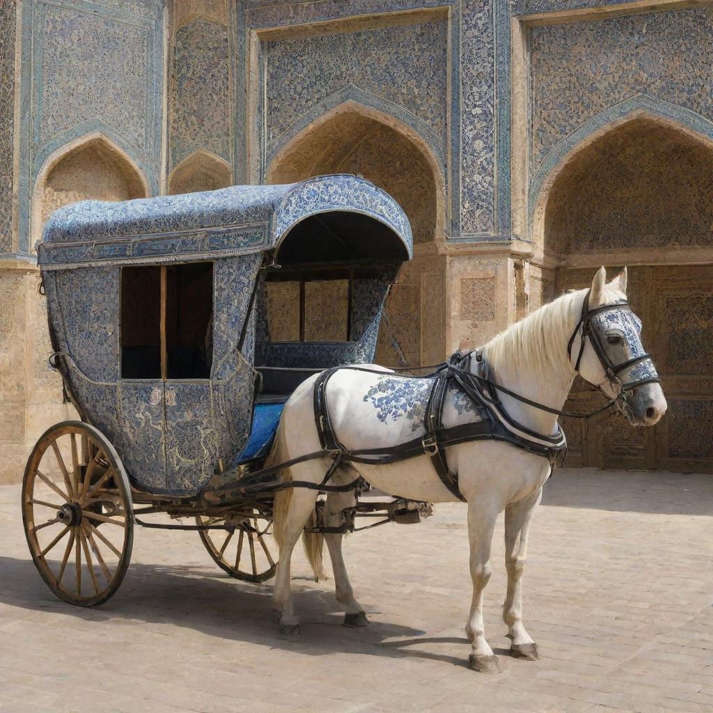 A detailed, vintage horse carriage adorned with intricate Safavid tile designs, situated in the historic setting of Esfehan, Iran.