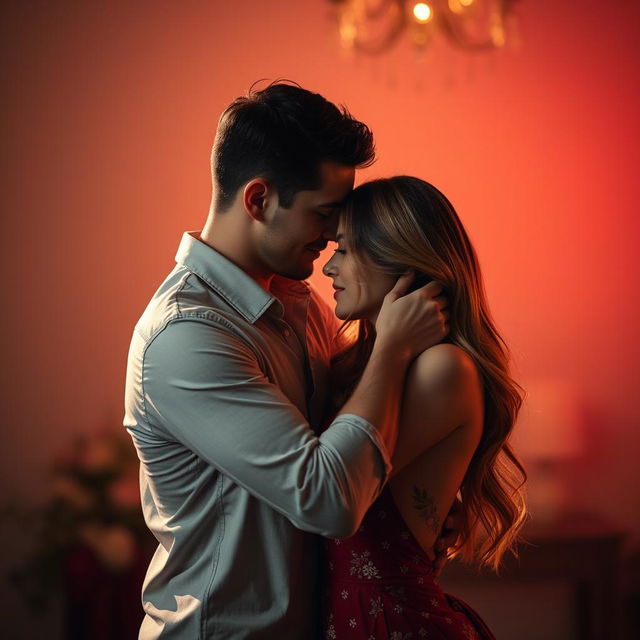 A beautifully sensual scene featuring a couple in an intimate embrace, highlighting romantic and passionate emotions with soft lighting setting a warm and inviting atmosphere, capturing the essence of love and connection