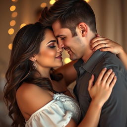 A beautifully sensual scene featuring a couple in an intimate embrace, highlighting romantic and passionate emotions with soft lighting setting a warm and inviting atmosphere, capturing the essence of love and connection