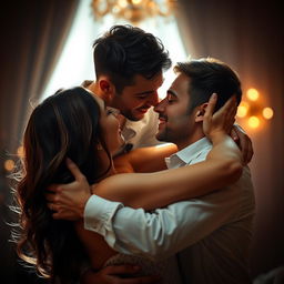 A beautifully sensual scene featuring a couple in an intimate embrace, highlighting romantic and passionate emotions with soft lighting setting a warm and inviting atmosphere, capturing the essence of love and connection