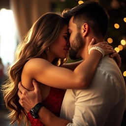 A beautifully sensual scene featuring a couple in an intimate embrace, highlighting romantic and passionate emotions with soft lighting setting a warm and inviting atmosphere, capturing the essence of love and connection