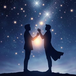 At the center of the scene, two male figures are depicted: one standing tall and resolute, and the other enveloped in a soft glow, reaching out towards the first