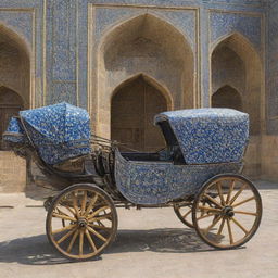 A detailed, vintage horse carriage adorned with intricate Safavid tile designs, situated in the historic setting of Esfehan, Iran.