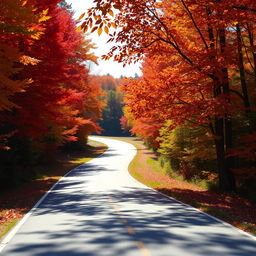 A picturesque New Hampshire country road during the fall, framed by vibrant foliage in shades of red, orange, and yellow