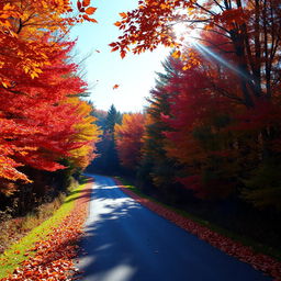 A picturesque New Hampshire country road during the fall, framed by vibrant foliage in shades of red, orange, and yellow