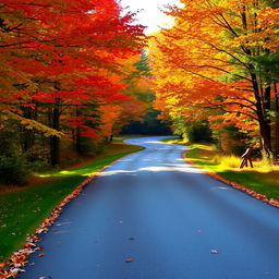 A picturesque New Hampshire country road during the fall, framed by vibrant foliage in shades of red, orange, and yellow