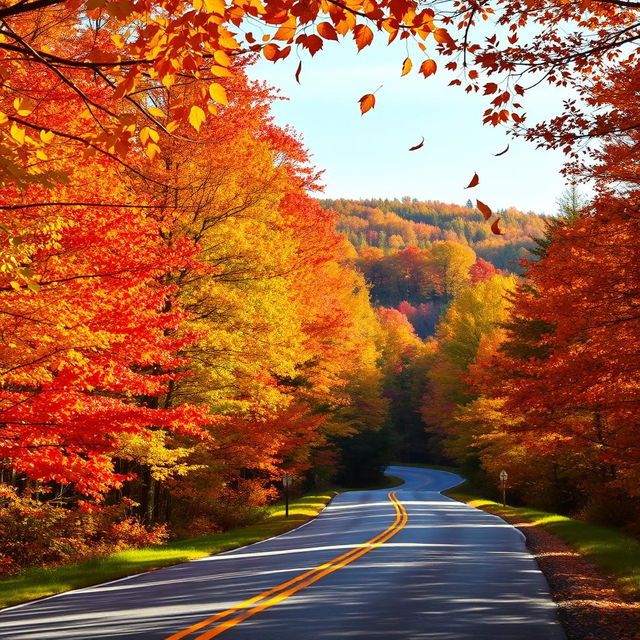 A picturesque New Hampshire country road during the fall, framed by vibrant foliage in shades of red, orange, and yellow