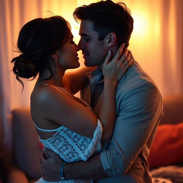 Sensual couple in an intimate embrace, creating a romantic and passionate atmosphere, their expressions filled with desire and longing, set in a softly lit room with ambient glow highlighting their figures