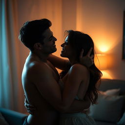 Sensual couple in an intimate embrace, creating a romantic and passionate atmosphere, their expressions filled with desire and longing, set in a softly lit room with ambient glow highlighting their figures