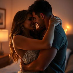 Sensual couple in an intimate embrace, creating a romantic and passionate atmosphere, their expressions filled with desire and longing, set in a softly lit room with ambient glow highlighting their figures