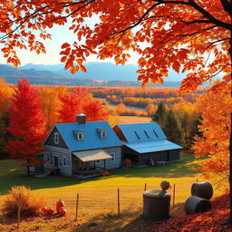 A charming New Hampshire farm during the fall, surrounded by vibrant foliage in shades of red, orange, and gold