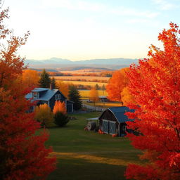 A charming New Hampshire farm during the fall, surrounded by vibrant foliage in shades of red, orange, and gold