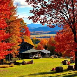 A charming New Hampshire farm during the fall, surrounded by vibrant foliage in shades of red, orange, and gold