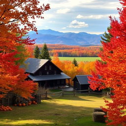 A charming New Hampshire farm during the fall, surrounded by vibrant foliage in shades of red, orange, and gold