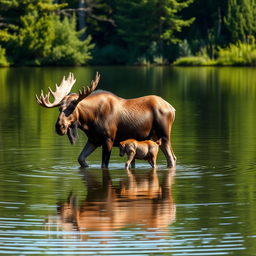 A majestic moose and her adorable calf standing gracefully in a serene pond