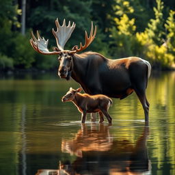 A majestic moose and her adorable calf standing gracefully in a serene pond