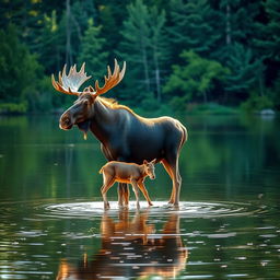 A majestic moose and her adorable calf standing gracefully in a serene pond