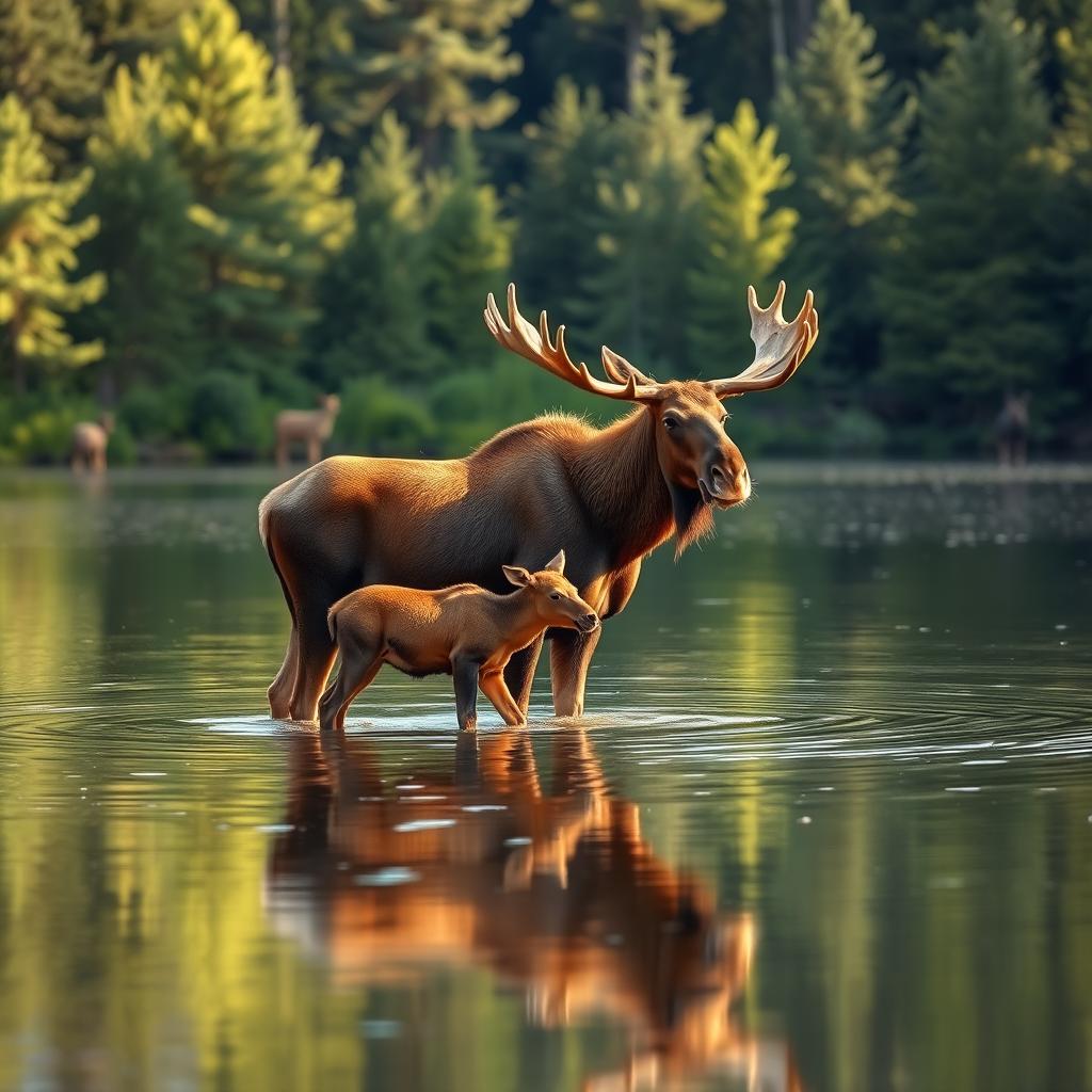 A majestic moose and her adorable calf standing gracefully in a serene pond