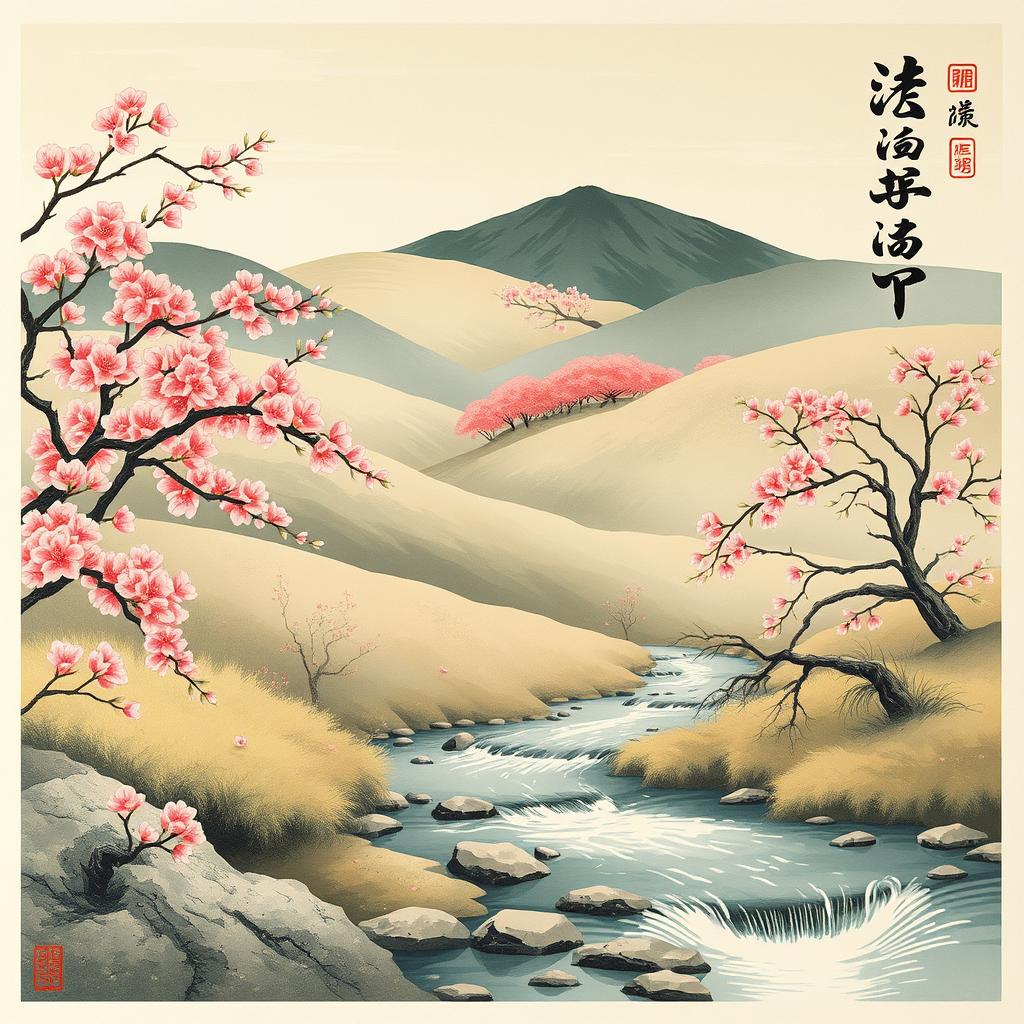 A serene and traditional Japanese painting of nature, incorporating harmonious elements of calligraphy