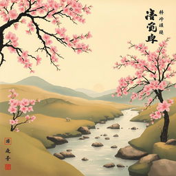 A serene and traditional Japanese painting of nature, incorporating harmonious elements of calligraphy