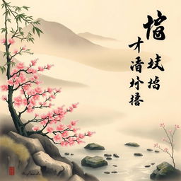 A serene and traditional Japanese painting of nature, incorporating harmonious elements of calligraphy