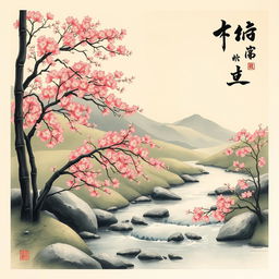 A serene and traditional Japanese painting of nature, incorporating harmonious elements of calligraphy