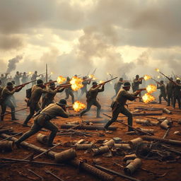 A dramatic and historically accurate depiction of a battlefield during the American Civil War, showcasing soldiers fiercely engaged in combat