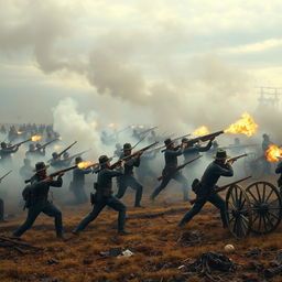 A dramatic and historically accurate depiction of a battlefield during the American Civil War, showcasing soldiers fiercely engaged in combat