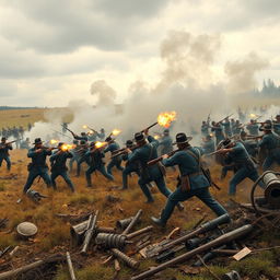 A dramatic and historically accurate depiction of a battlefield during the American Civil War, showcasing soldiers fiercely engaged in combat