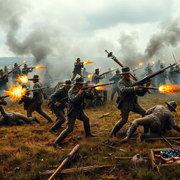 A dramatic and historically accurate depiction of a battlefield during the American Civil War, showcasing soldiers fiercely engaged in combat