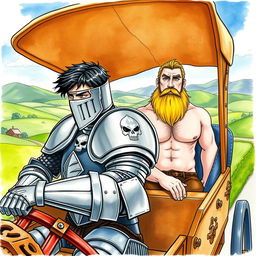 watercolor illustration of a full-plated knight with short dark hair, a skull-themed shoulder pad, traveling in a horse carriage