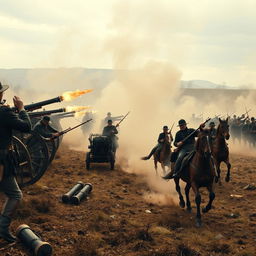 A dramatic battlefield scene set during the American Civil War, featuring cannons firing in the background