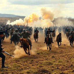 A dramatic battlefield scene set during the American Civil War, featuring cannons firing in the background