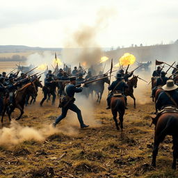 A dramatic battlefield scene set during the American Civil War, featuring cannons firing in the background