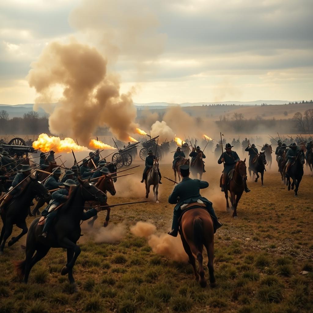 A dramatic battlefield scene set during the American Civil War, featuring cannons firing in the background