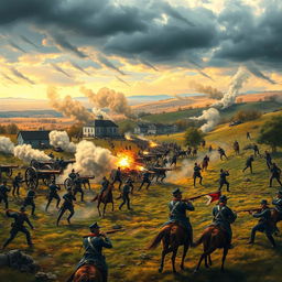 A vivid depiction of the Battle of Gettysburg during the American Civil War, showcasing a chaotic and intense battlefield with soldiers in period-accurate uniforms