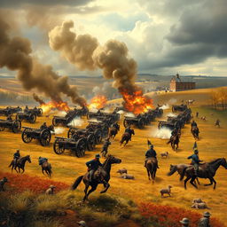 A vivid depiction of the Battle of Gettysburg during the American Civil War, showcasing a chaotic and intense battlefield with soldiers in period-accurate uniforms