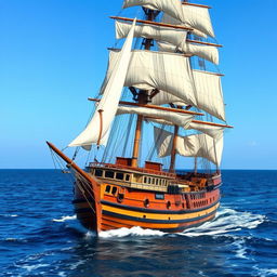 A majestic 19th-century merchant sailing ship navigating through calm, open seas