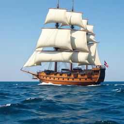 A majestic 19th-century merchant sailing ship navigating through calm, open seas