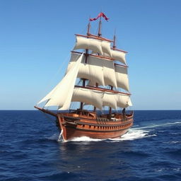 A majestic 19th-century merchant sailing ship navigating through calm, open seas