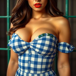 Close-up torso shot of a gorgeous brunette woman in a blue and white checkered dress