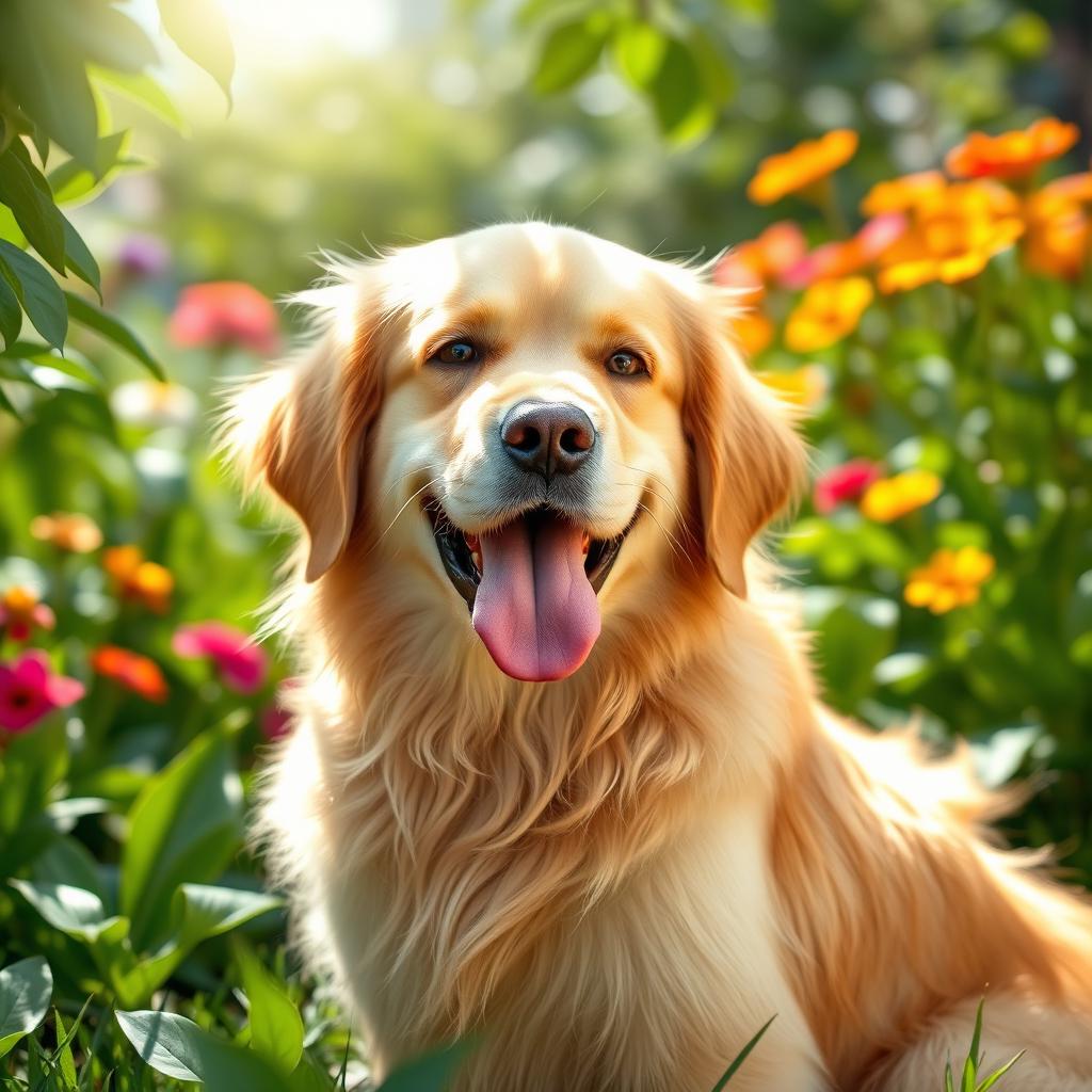 A charming pet portrait featuring a fluffy golden retriever sitting in a verdant garden