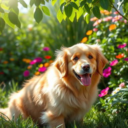 A charming pet portrait featuring a fluffy golden retriever sitting in a verdant garden