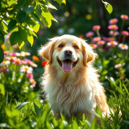 A charming pet portrait featuring a fluffy golden retriever sitting in a verdant garden