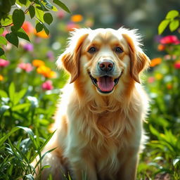 A charming pet portrait featuring a fluffy golden retriever sitting in a verdant garden