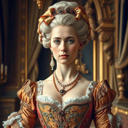 A stunning portrait of an 18th-century wealthy woman, showcasing her grace and opulent style